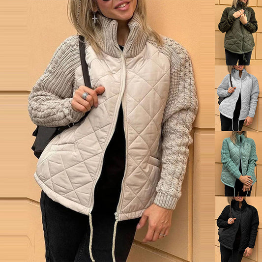 Winter Stand Collar Cotton Jacket With Pockets Fashion Knitted Stitching Zipper Coat Warm Tops For Women Clothing LadyShow.Store