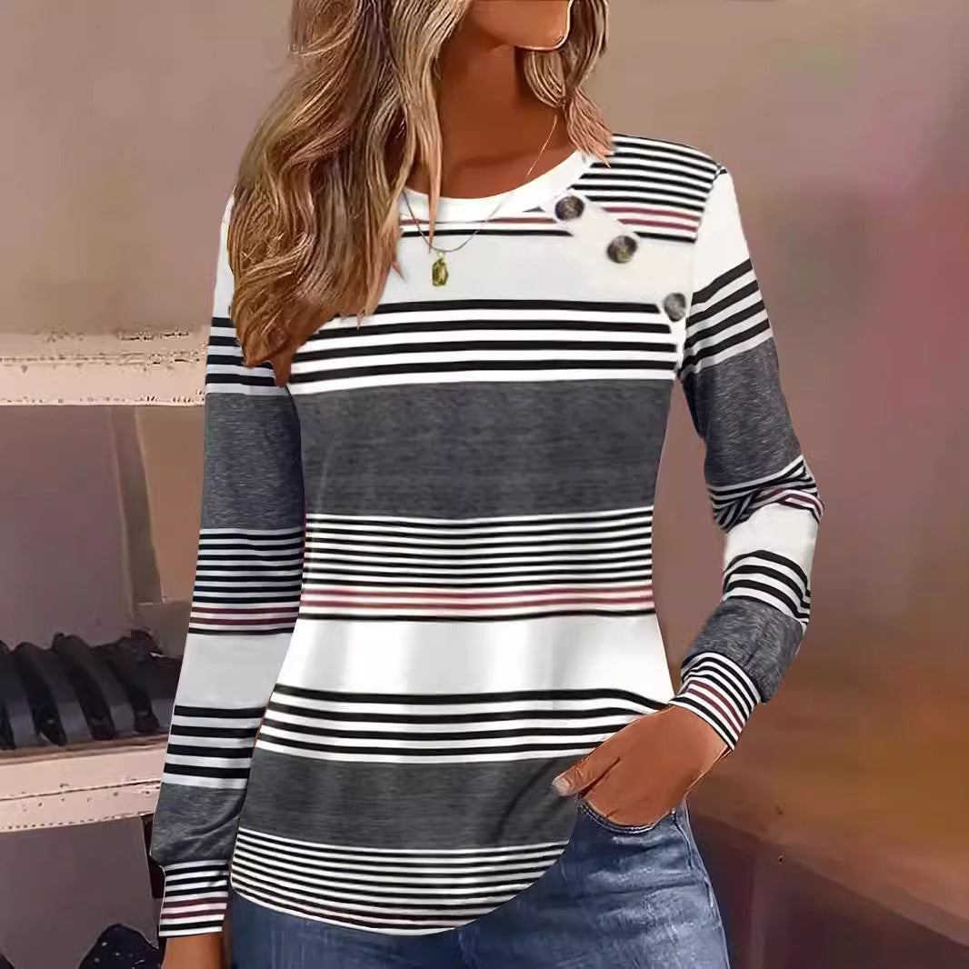 Casual Button Striped Long Sleeve Women's T-shirt Best YouTube Store