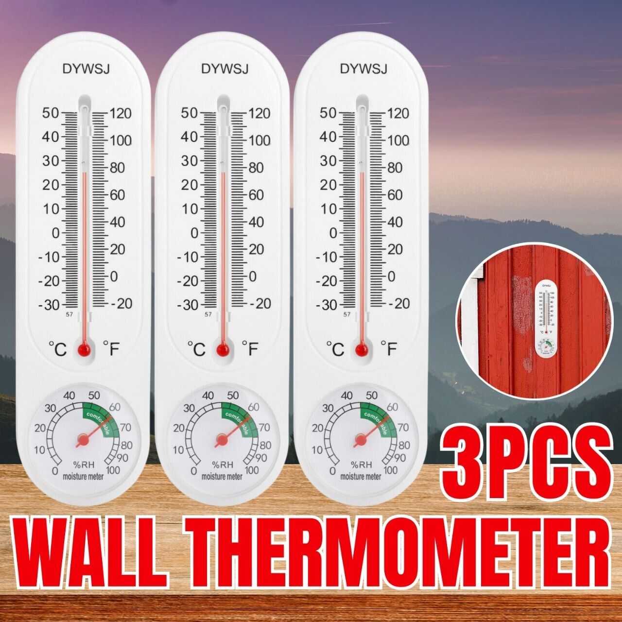 3PCS Wall Thermometer Indoor Outdoor Mount Garden Greenhouse Home Humidity Meter