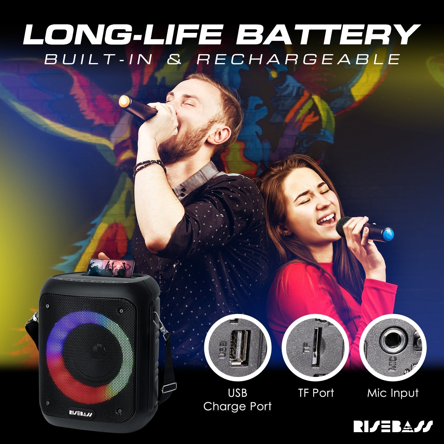 Risebass Portable Karaoke Machine with 2 Wireless Microphones - Bluetooth Rechargeable Speaker with USB/SD/TF Card Support, AUX-in, Tripod Screw Mount and Phone Slot. LuxuryLifeWay Online Store