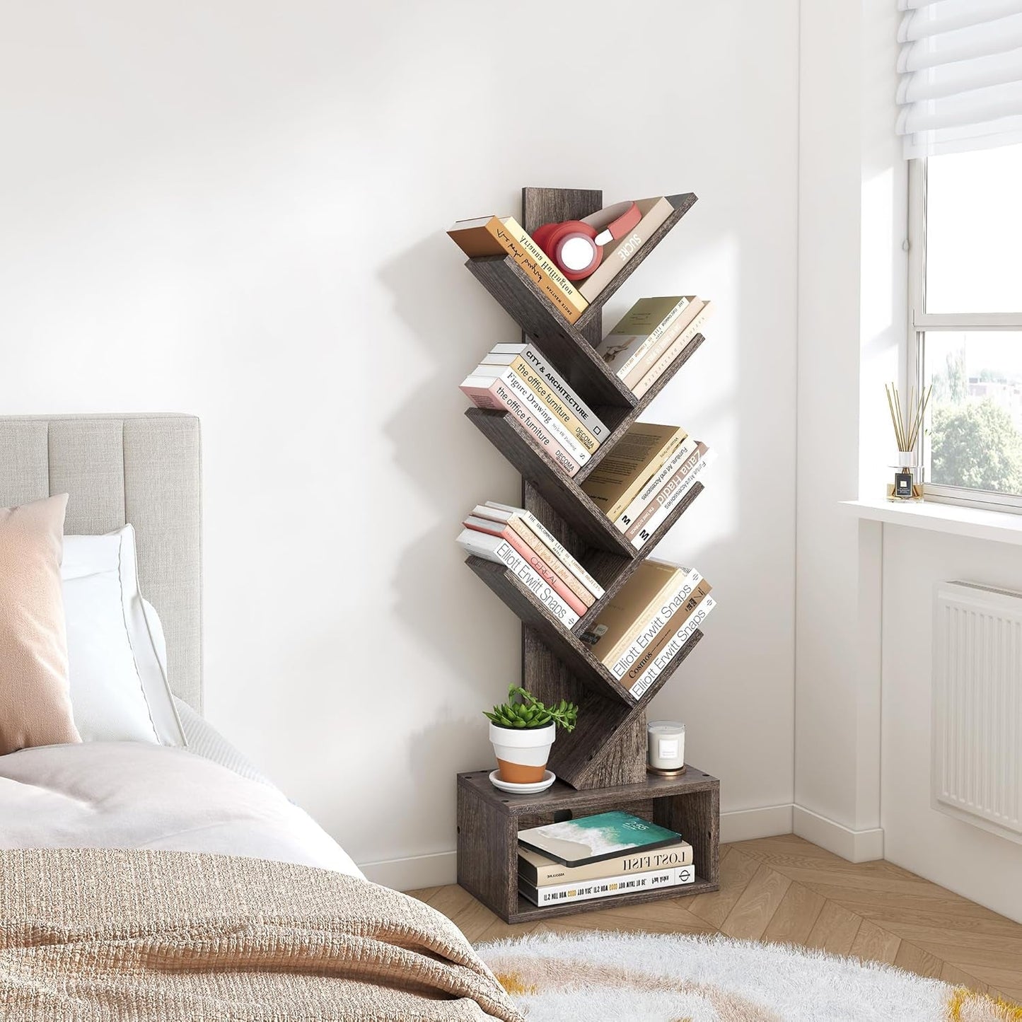 6 Tier Tree Bookshelf Bookcase With Drawer Grey Office ShipItFurniture