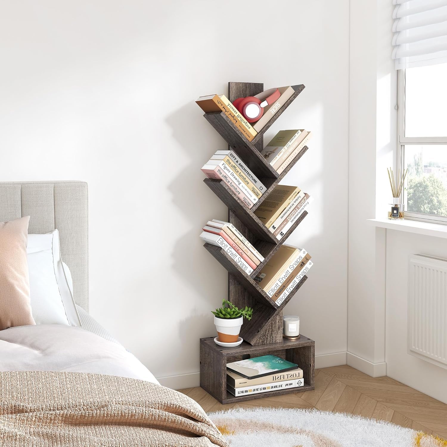 6 Tier Tree Bookshelf Bookcase With Drawer Grey Office ShipItFurniture