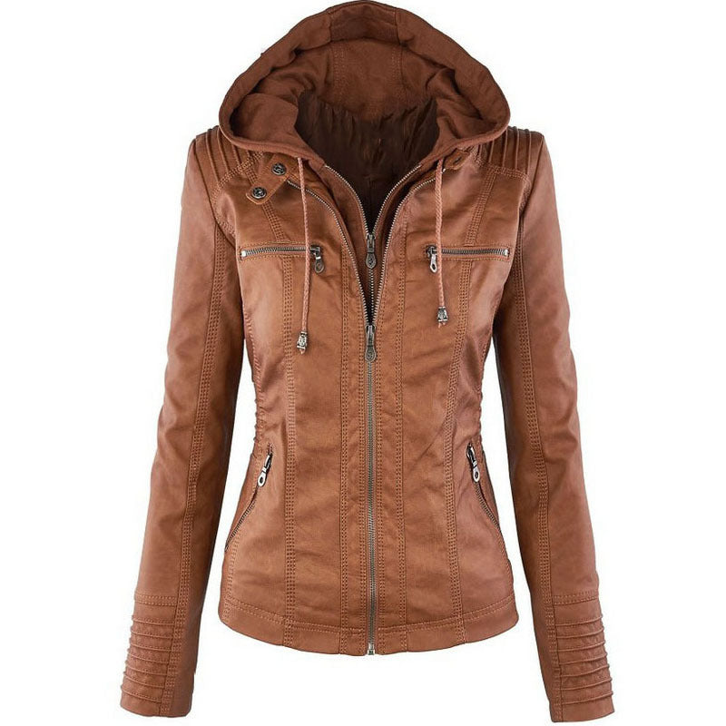 Fashion Detachable Hooded Jacket With Pockets Casual Solid Color Zipper Long Sleeve Leather Coat Autumn Winter Women's Clothing LadyShow.Store