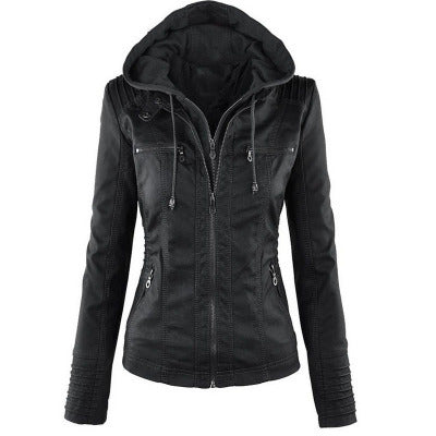 Fashion Detachable Hooded Jacket With Pockets Casual Solid Color Zipper Long Sleeve Leather Coat Autumn Winter Women's Clothing LadyShow.Store