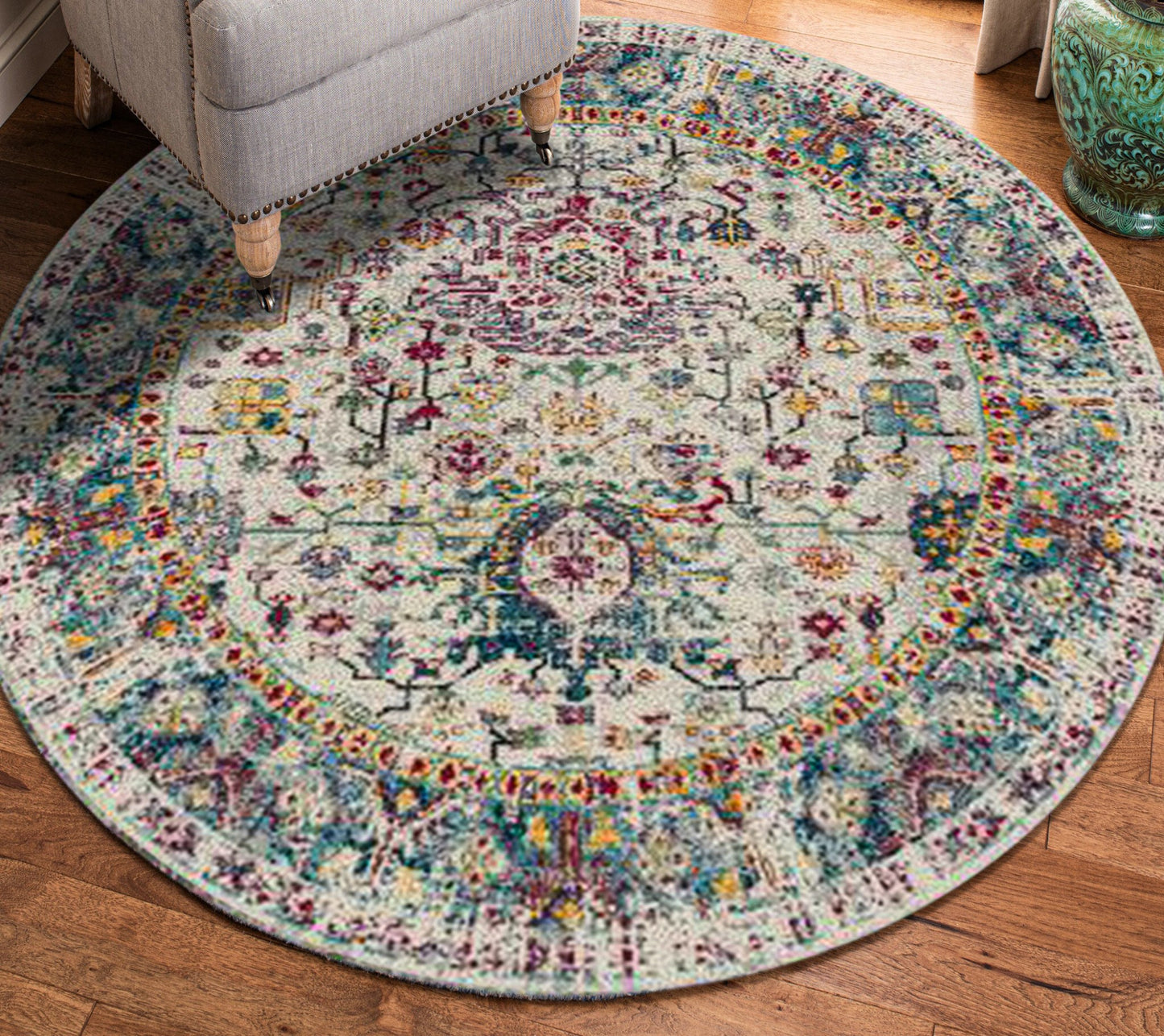 7' Gray Round Floral Power Loom Area Rug