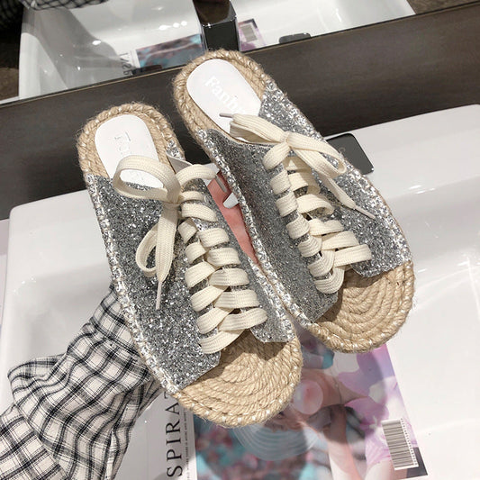 Sequin Lace-Up Flat Sandals with Straw Fisherman Sole Best YouTube Store