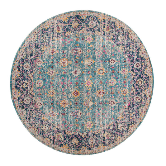 6' Teal Navy and Orange Floral Power Loom Worn Faded Round Rug