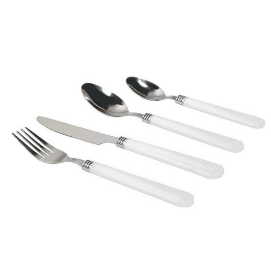 Gibson Sensations II 16 Piece Stainless Steel Flatware Set with White Handles and Chrome Caddy W2B