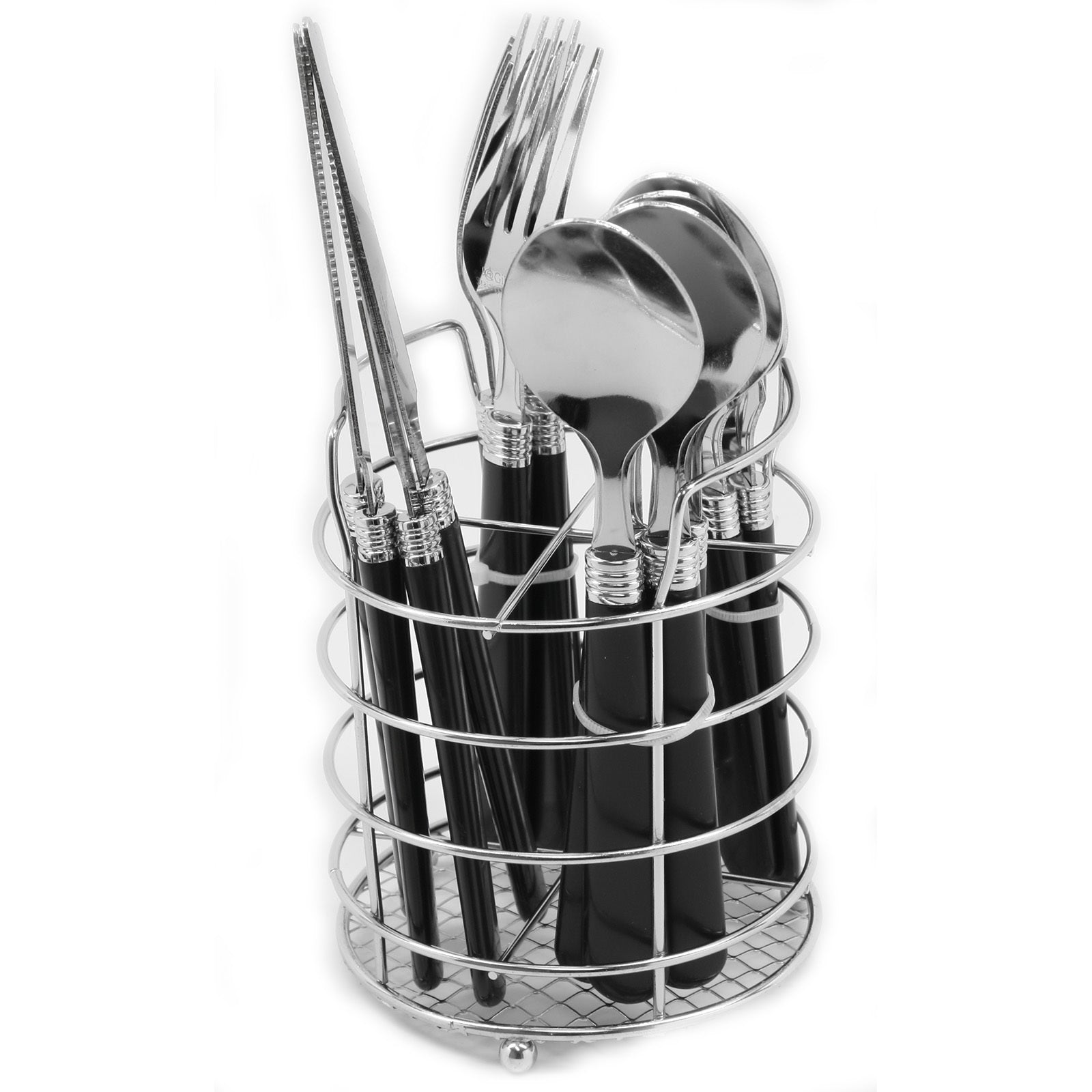Gibson Sensations II 16 Piece Stainless Steel Flatware Set with Black Handles and Chrome Caddy W2B