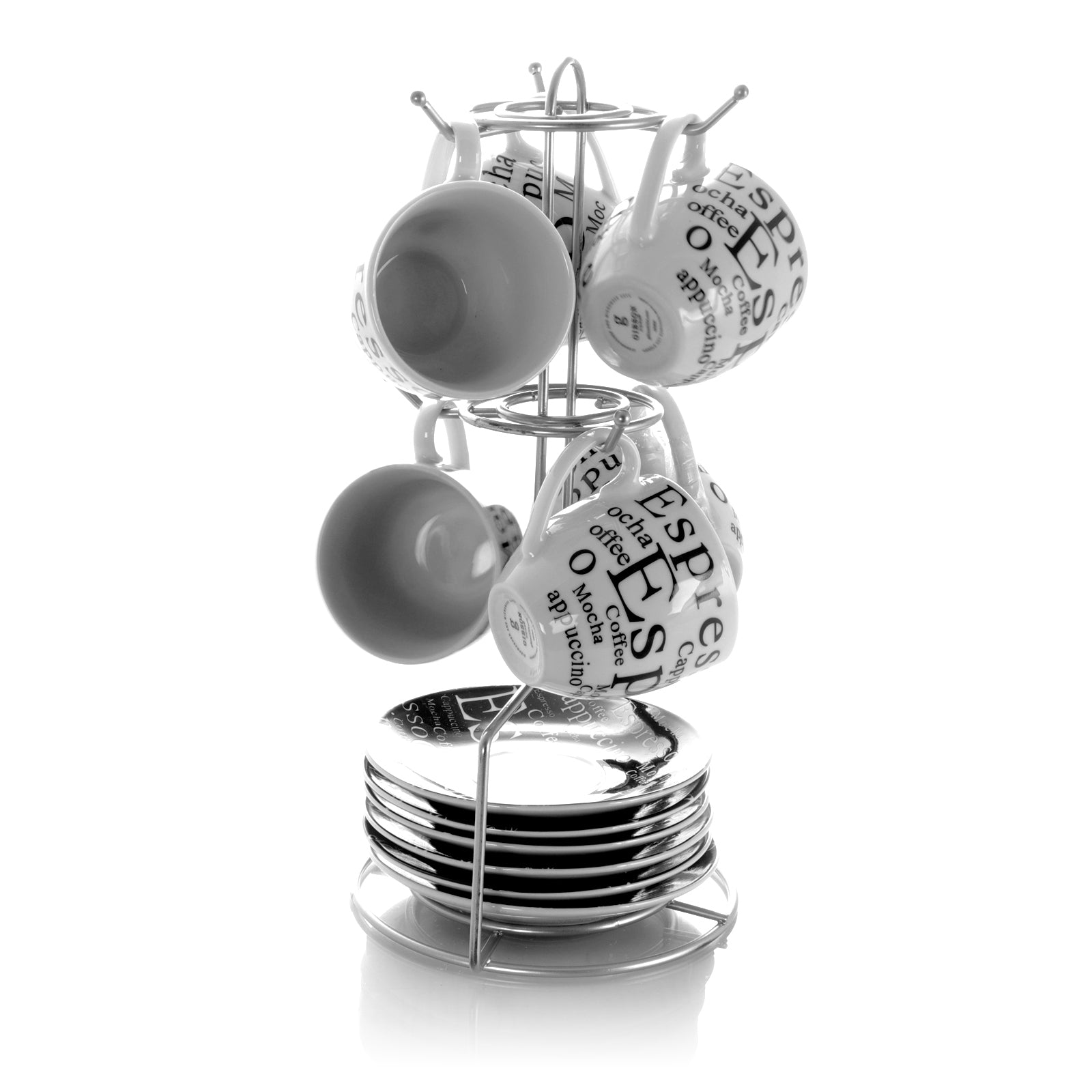 Gibson Espresso 13 Piece Small 3 oz Stoneware Coffee Cup Set with Wire Saucer Cup Rack W2B