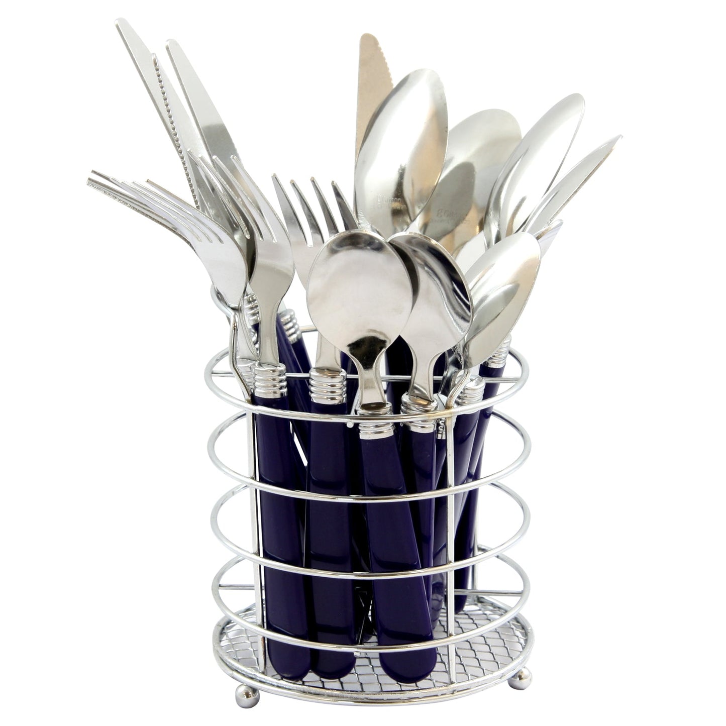 Gibson Sensations II 16 Piece Stainless Steel Flatware Set with Cobalt Handles and Chrome Caddy W2B