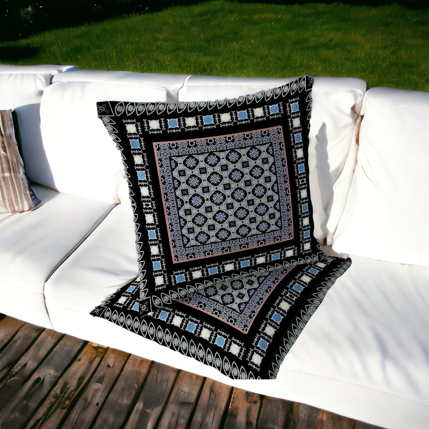 Set of Two 16" X 16" Black and Blue Blown Seam Floral Indoor Outdoor Throw Pillow
