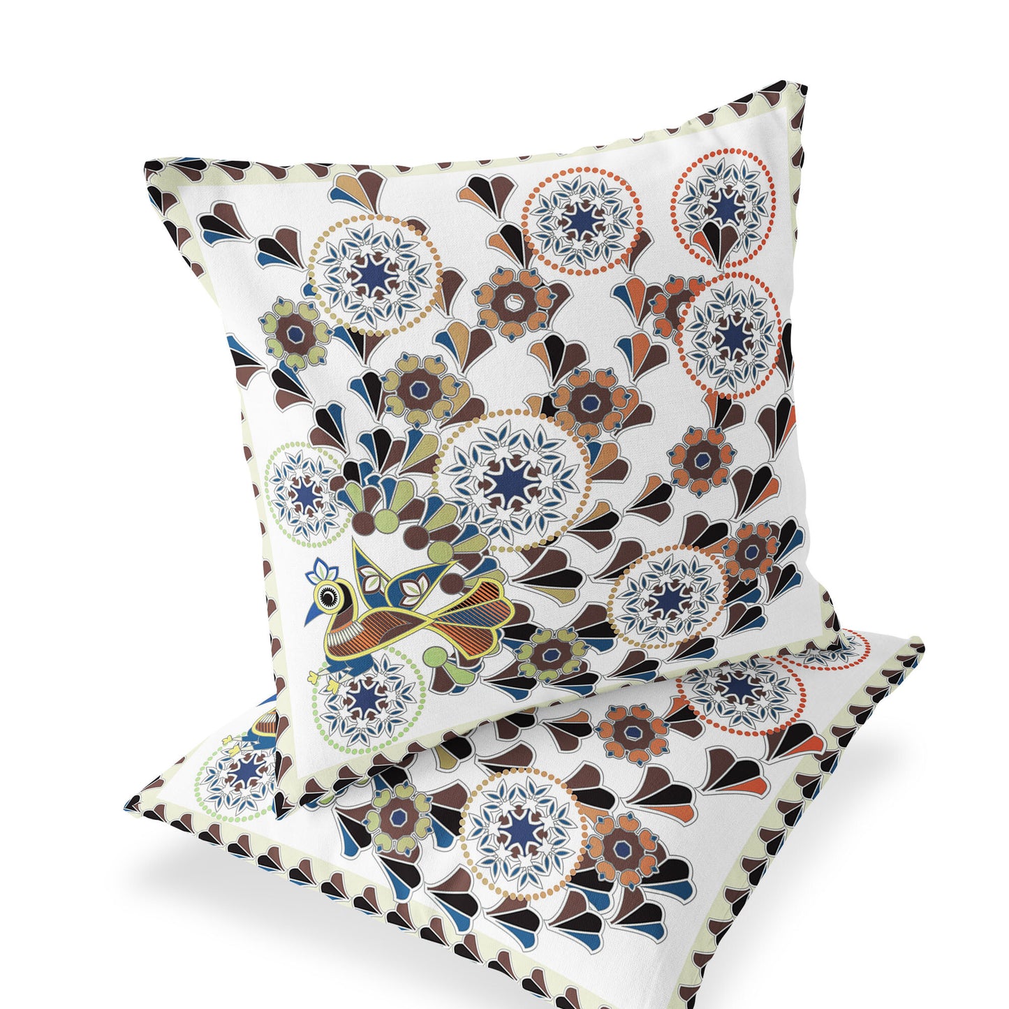 Set of Two 16" X 16" Blue and Off White Peacock Blown Seam Floral Indoor Outdoor Throw Pillow