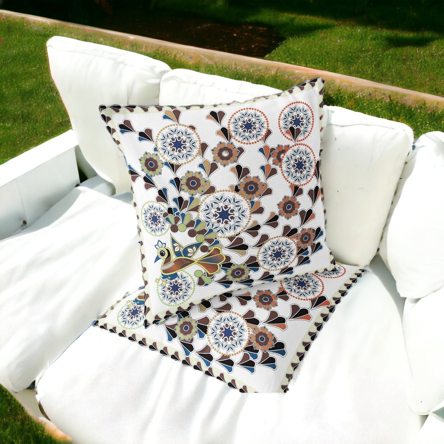 Set of Two 16" X 16" Blue and Off White Peacock Blown Seam Floral Indoor Outdoor Throw Pillow