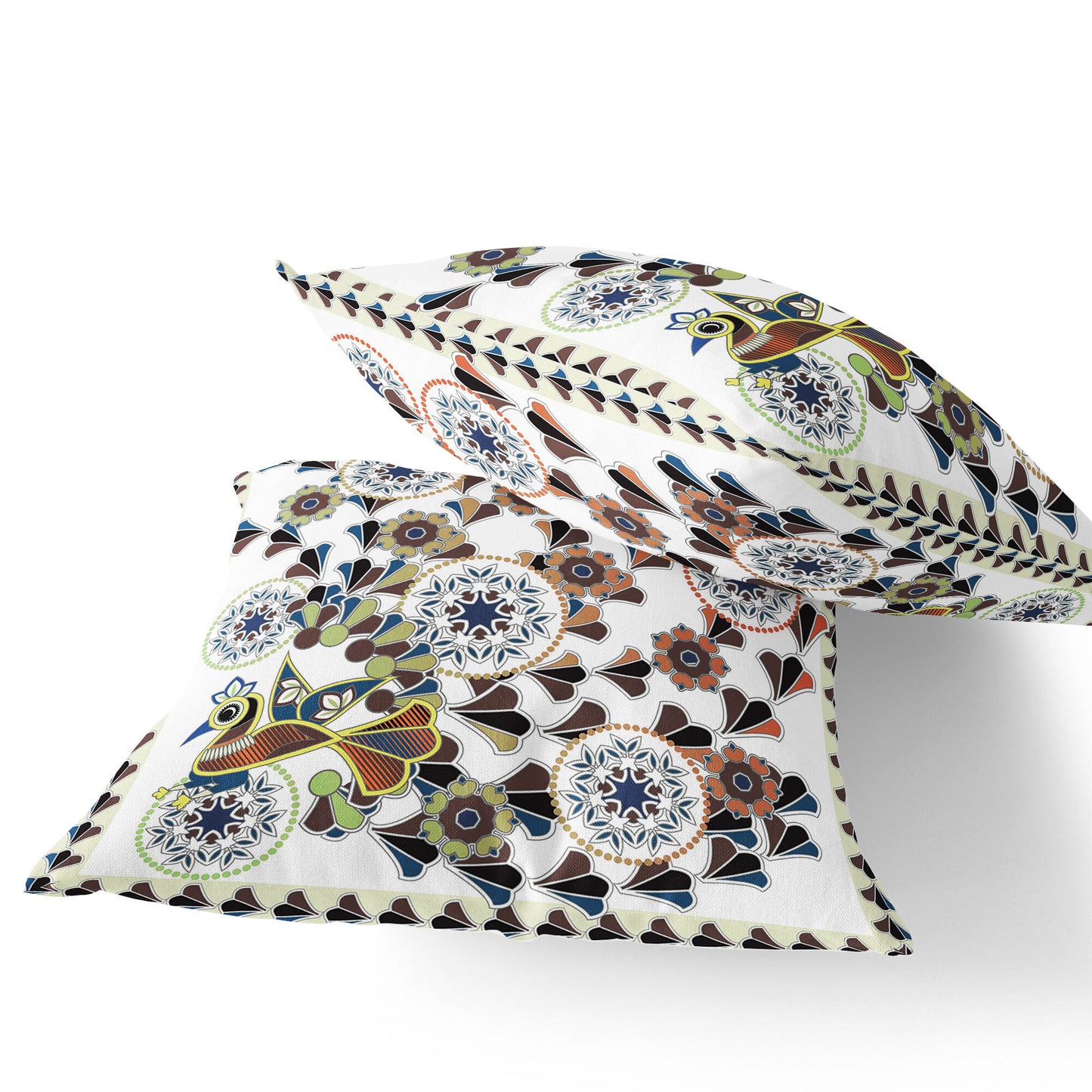 Set of Two 16" X 16" Blue and Off White Peacock Blown Seam Floral Indoor Outdoor Throw Pillow