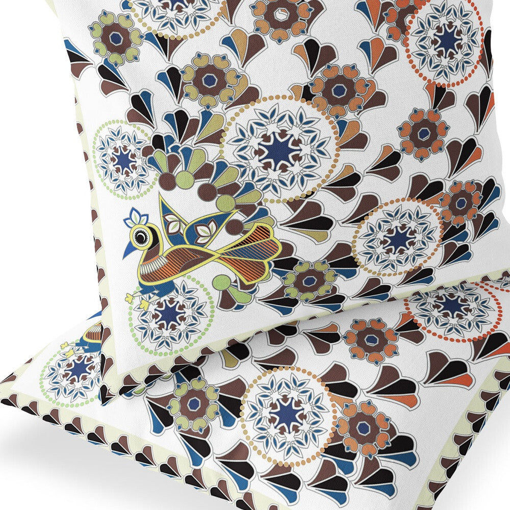 Set of Two 16" X 16" Blue and Off White Peacock Blown Seam Floral Indoor Outdoor Throw Pillow