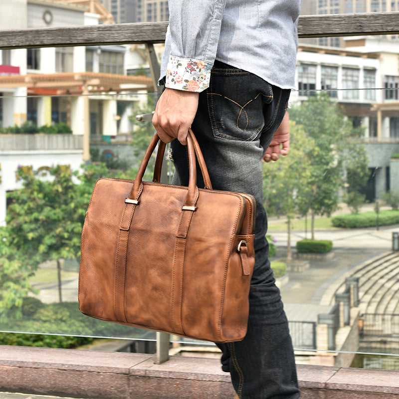 Vintage Vegetable Tanned Leather Men's First Layer Cowhide Casual Business Handbag LadyShow.Store