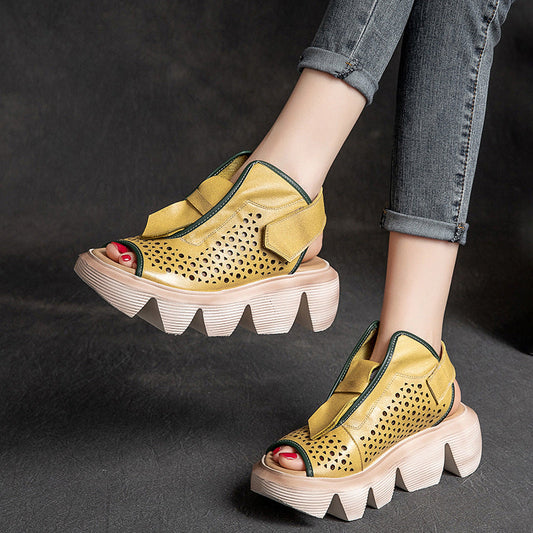 Top Layer Leather Velcro Hollow Sandals for Women Best YouTube Store