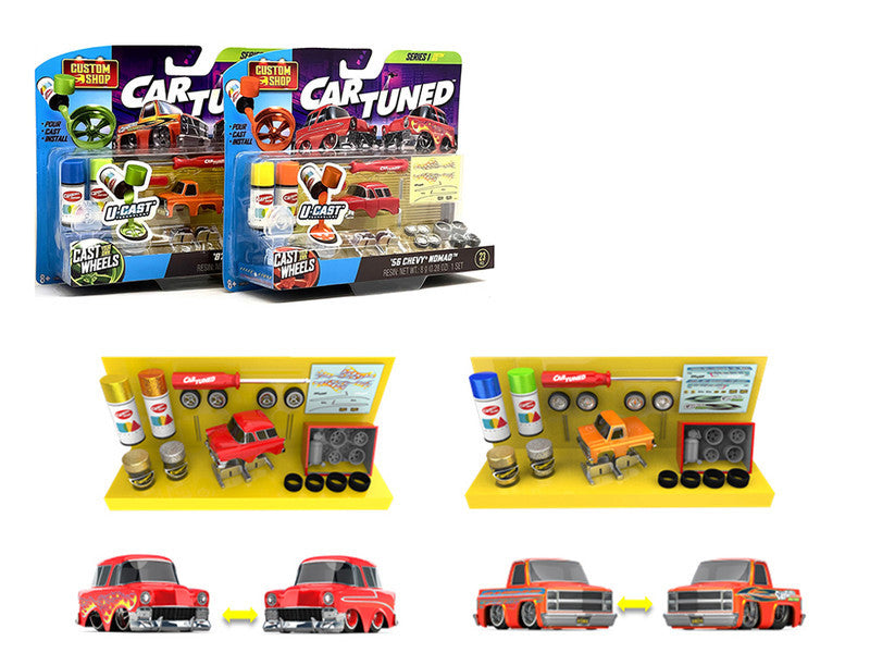 1987 Chevrolet C10 Pickup Truck Orange and 1956 Chevrolet Nomad Red "Custom Shop" 2 Car Set Diecast Model Cars by CarTuned Car Tuned