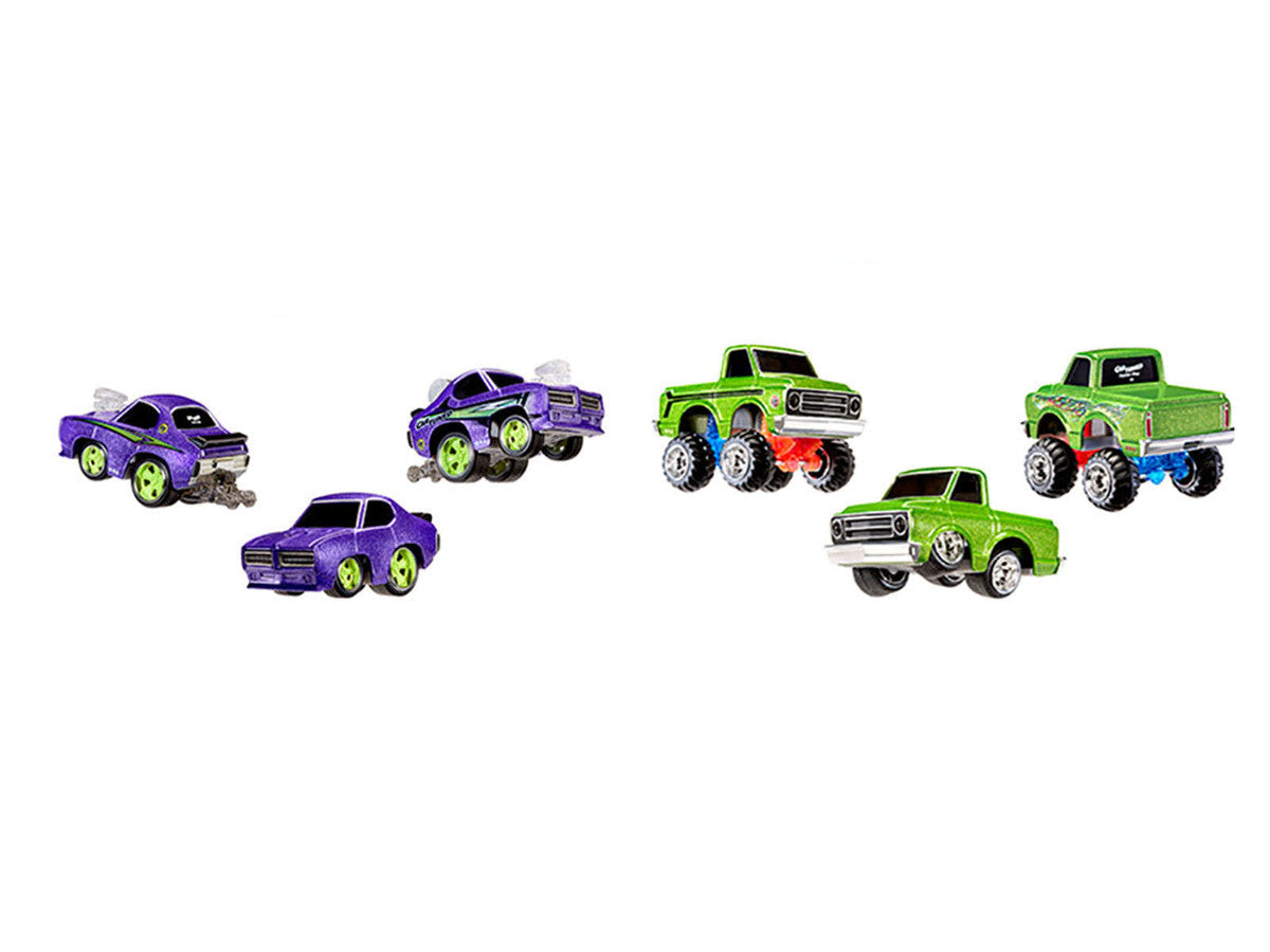 1969 Pontiac GTO Purple Metallic and 1967 Chevrolet C10 Pickup Truck Green Metallic "Custom Shop" 2 Car Set Diecast Model Cars by CarTuned Car Tuned