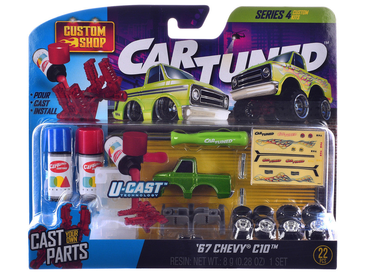 1969 Pontiac GTO Purple Metallic and 1967 Chevrolet C10 Pickup Truck Green Metallic "Custom Shop" 2 Car Set Diecast Model Cars by CarTuned Car Tuned