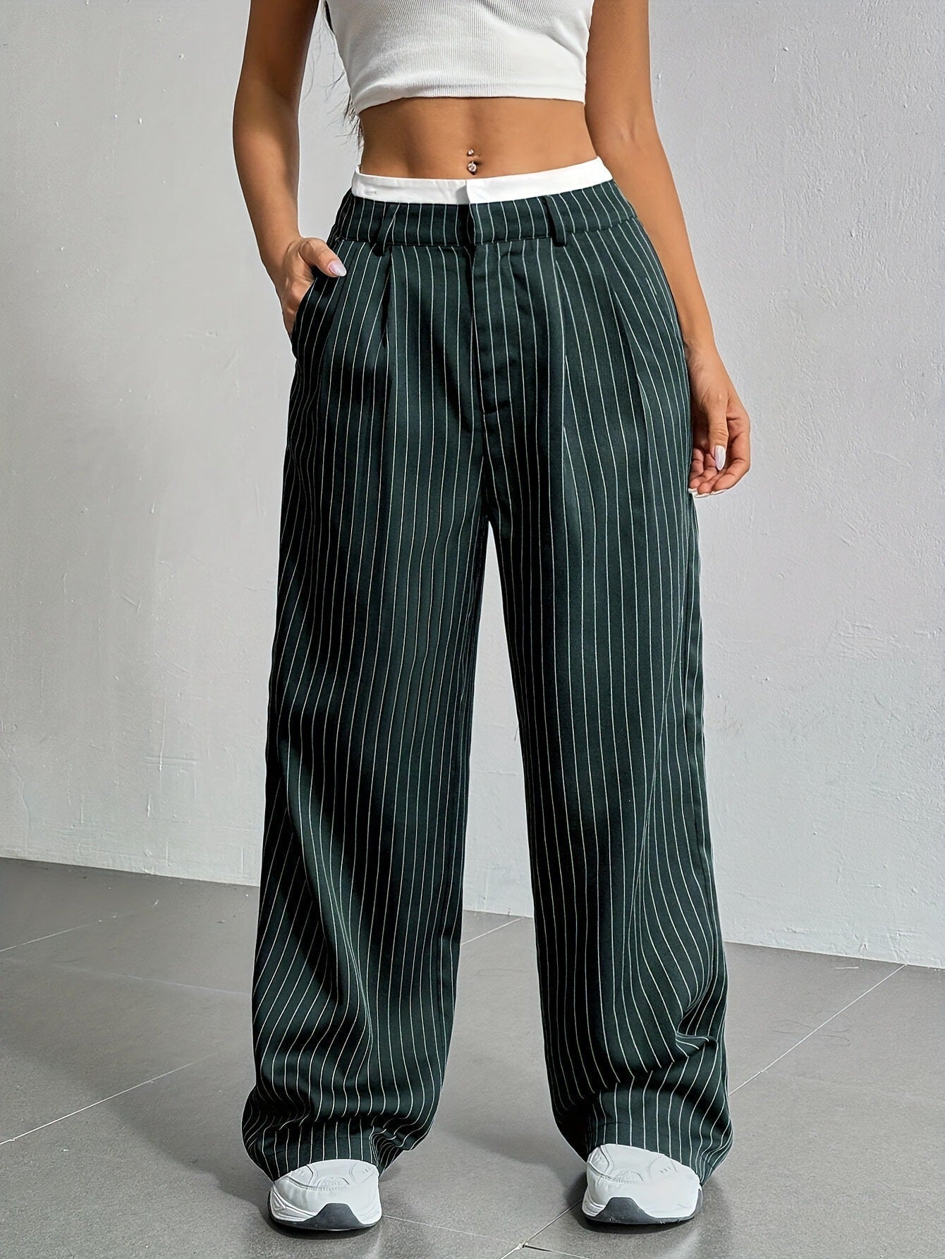 Stripe Printed Trousers Fashion High Waist Straight Leg Pants With Pocket Zipper Casual Suit Pants For Women LadyShow.Store