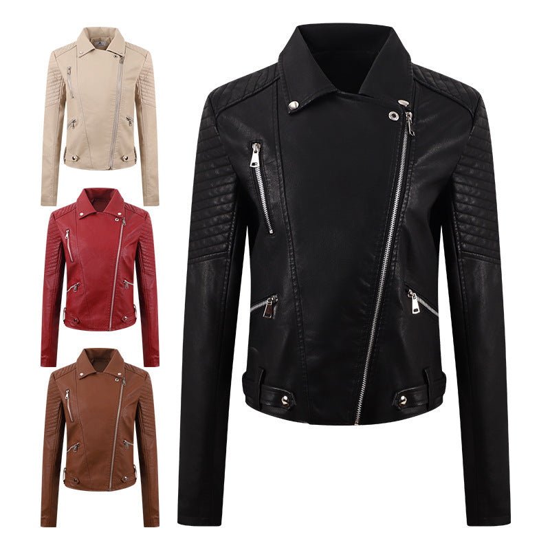 Women's Distressed PU Motorcycle Jacket - Slim Fit Biker Coat with Adjustable Belt (Black/Chocolate/Wine Red/Milky White, M-XXL) LadyShow.Store