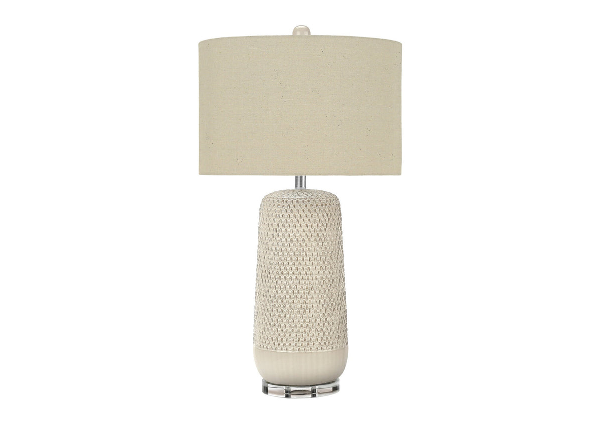 31" Cream Ceramic Geometric Table Lamp With Beige Drum Shade W2B