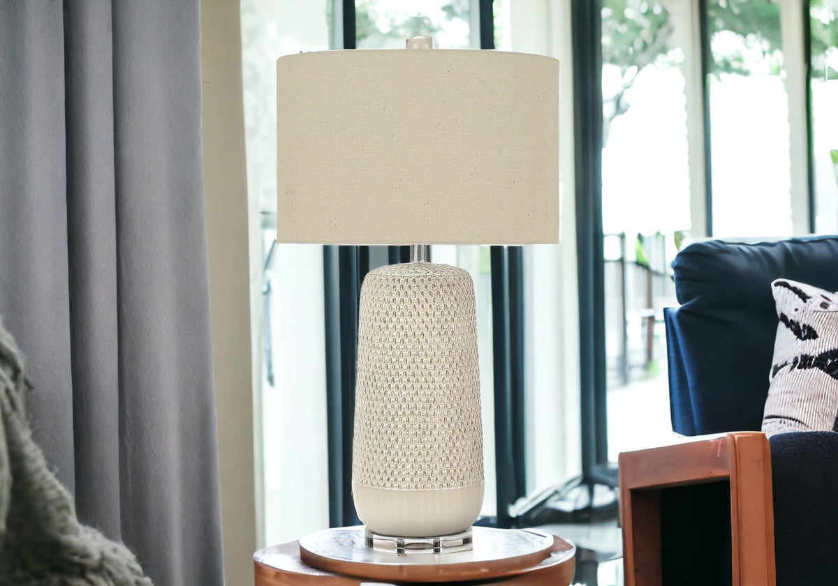 31" Cream Ceramic Geometric Table Lamp With Beige Drum Shade W2B