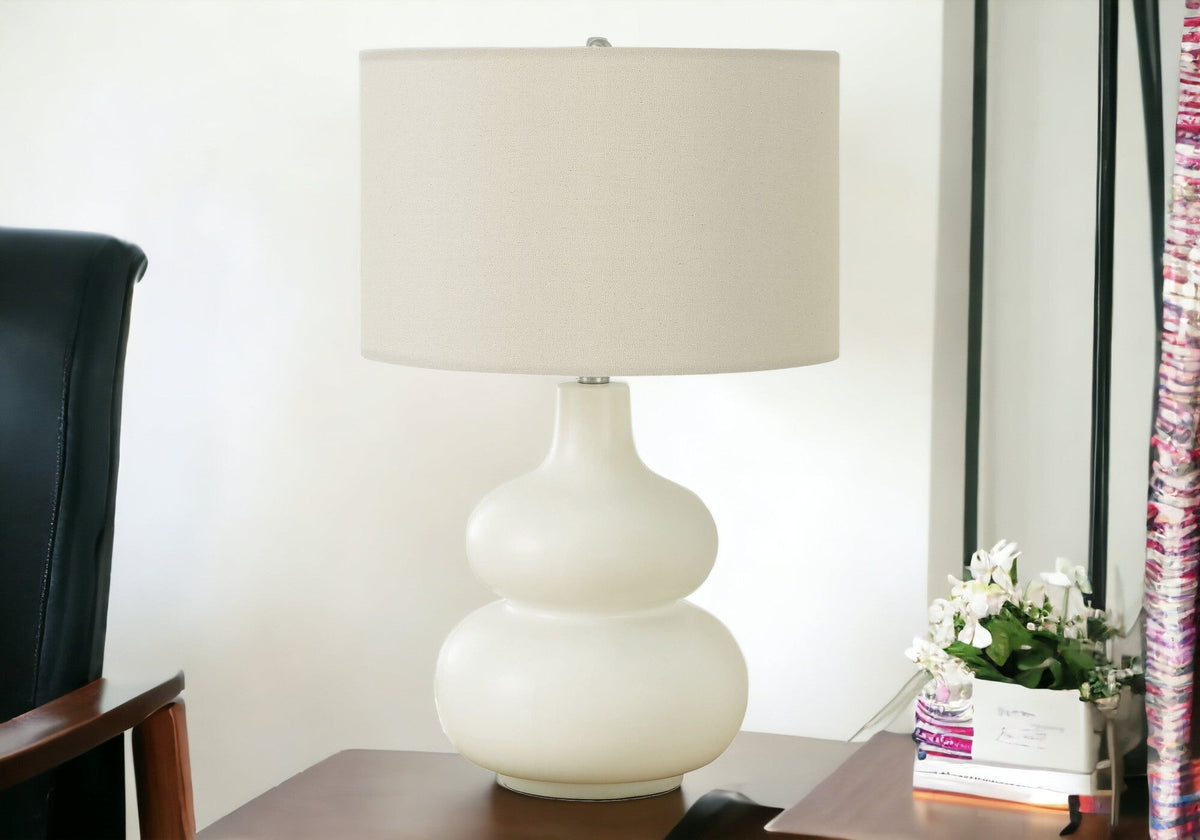 25" Cream Ceramic Gourd Table Lamp With Cream Drum Shade W2B