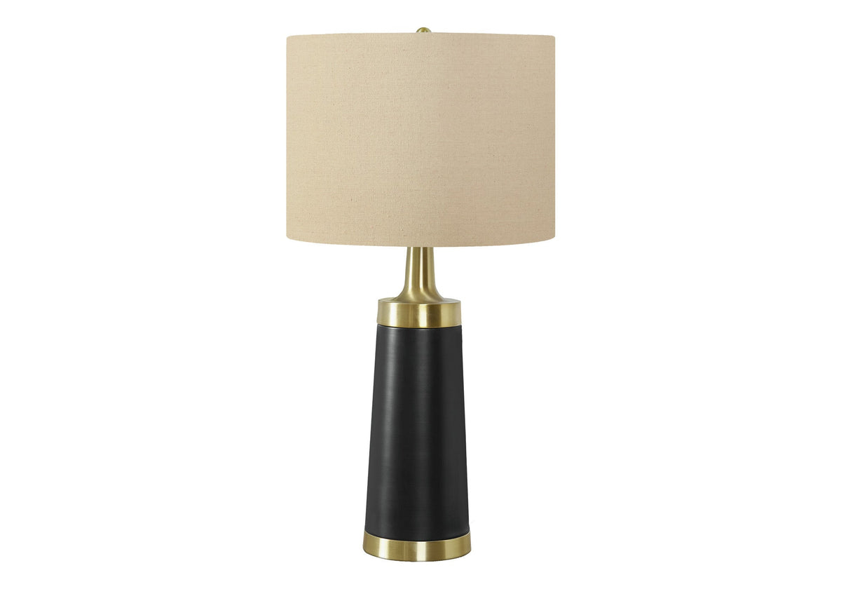 28" Black and Gold Metal Cylinder Table Lamp With Beige Drum Shade W2B