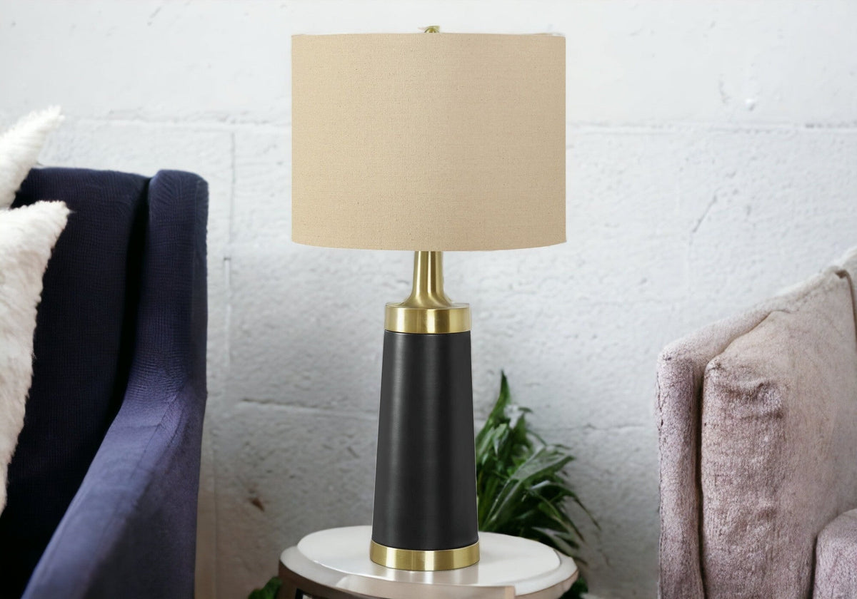 28" Black and Gold Metal Cylinder Table Lamp With Beige Drum Shade W2B