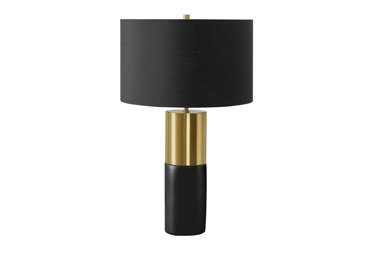 25" Black and Gold Concrete Cylinder Table Lamp With Black Drum Shade W2B