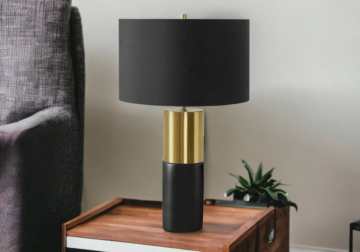 25" Black and Gold Concrete Cylinder Table Lamp With Black Drum Shade W2B