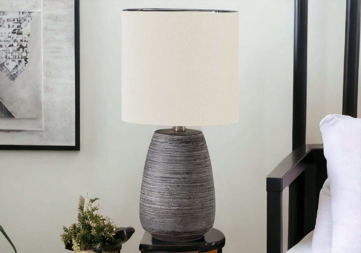 19" Gray Ceramic Round Table Lamp With Ivory Drum Shade W2B