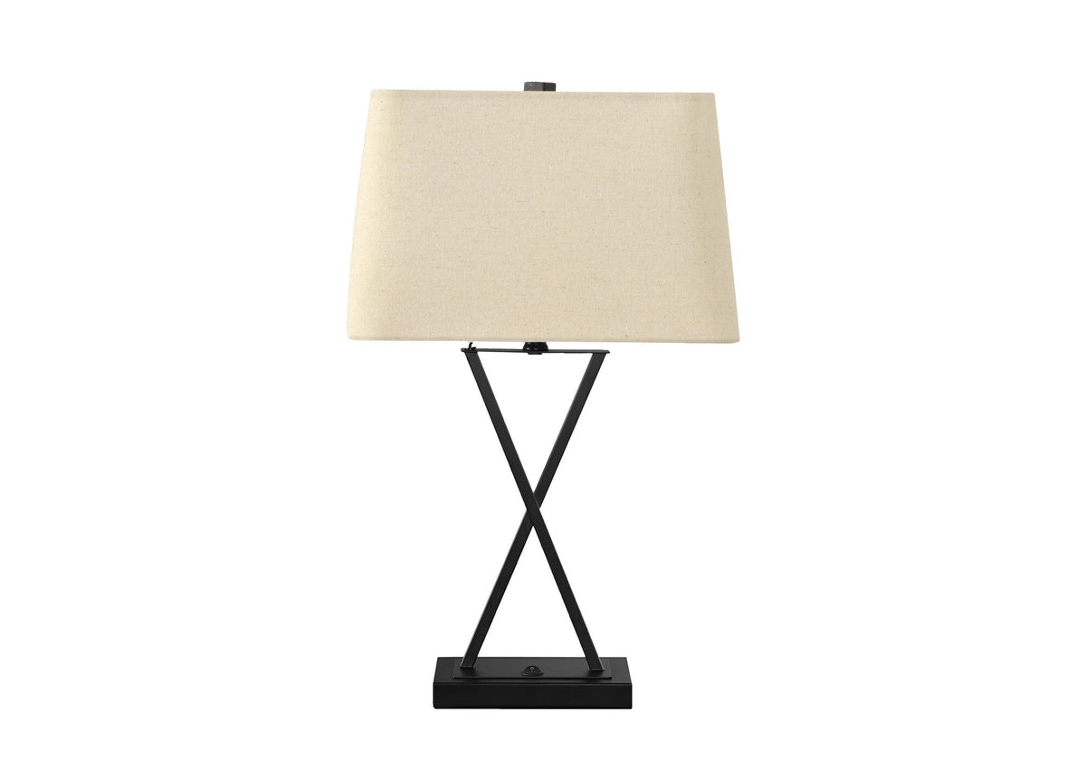 25" Black Metal Geometric USB Table Lamp With Beige Shade W2B