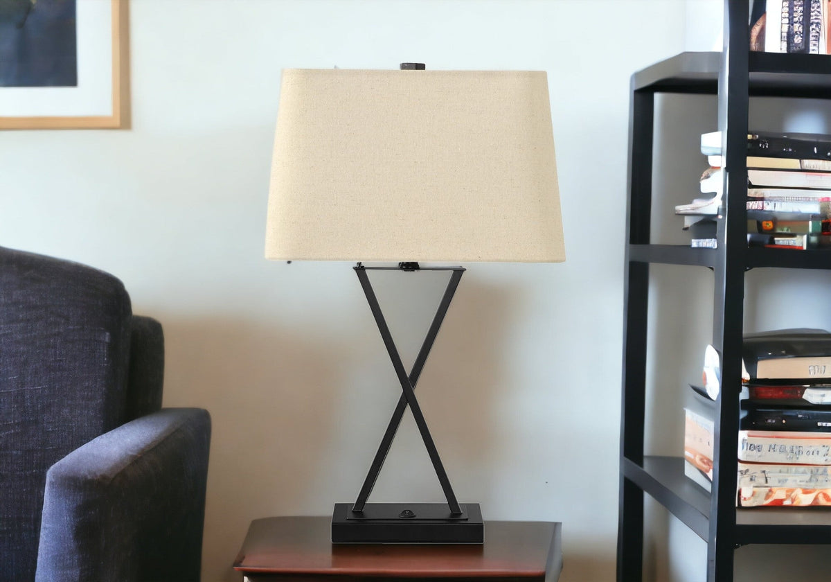 25" Black Metal Geometric USB Table Lamp With Beige Shade W2B