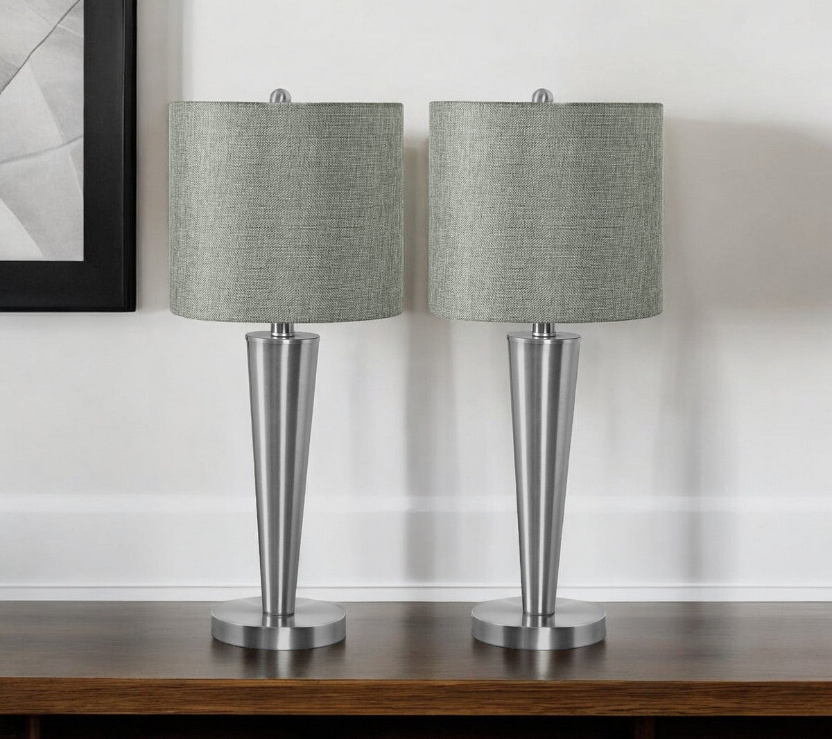 Set of Two 24" Silver Metal Candlestick USB Table Lamps With Gray Drum Shade W2B