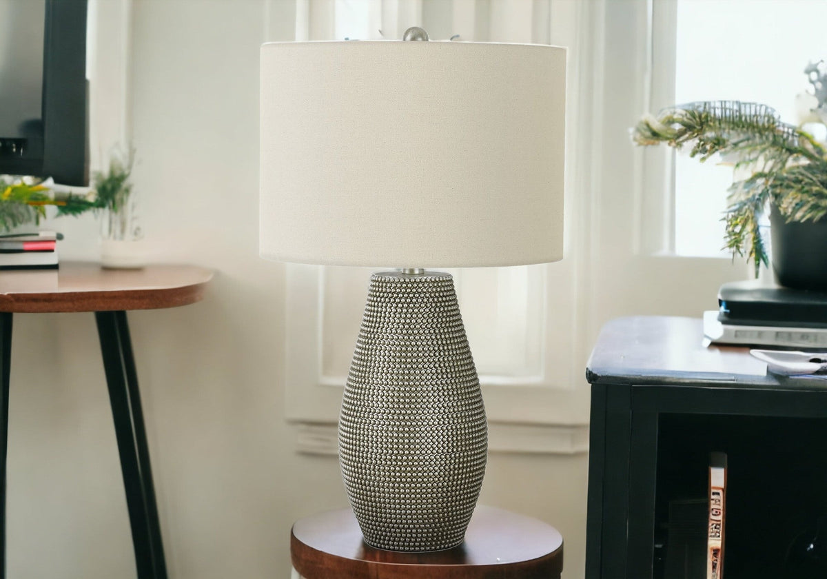 24" Gray Round Table Lamp With Ivory Drum Shade W2B