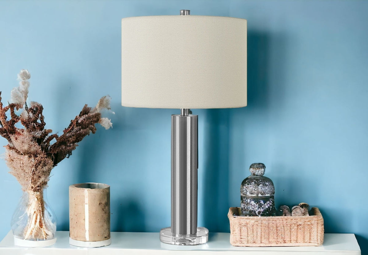 28" Silver Acrylic Cylinder Table Lamp With Ivory Drum Shade W2B
