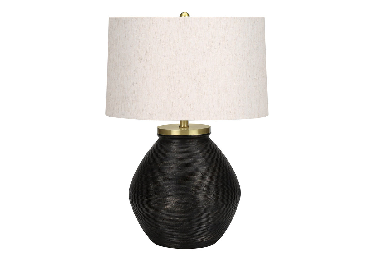 25" Black and Gold Concrete Round Table Lamp With Ivory Drum Shade W2B