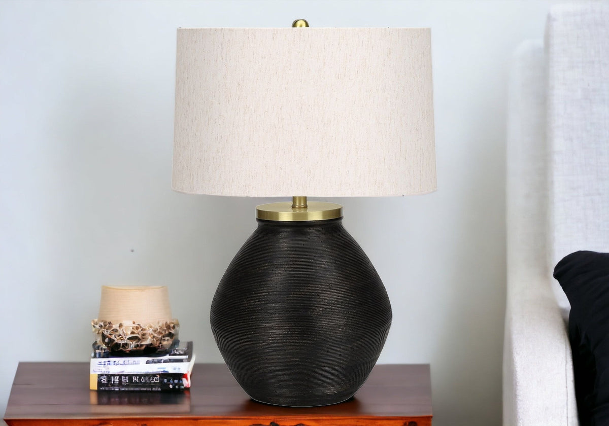 25" Black and Gold Concrete Round Table Lamp With Ivory Drum Shade W2B