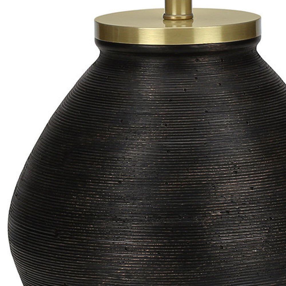25" Black and Gold Concrete Round Table Lamp With Ivory Drum Shade W2B
