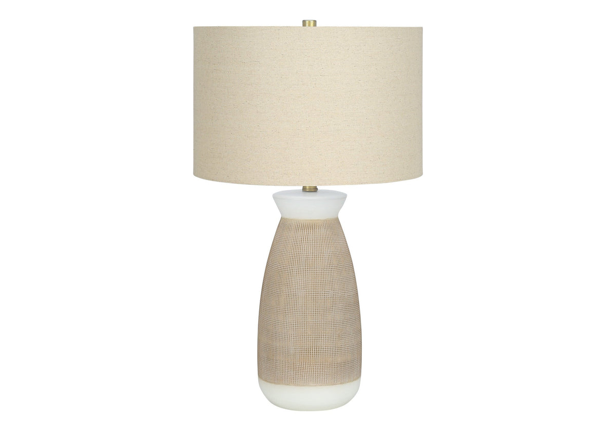 27" Brown and White Ceramic Round Table Lamp With Beige Drum Shade W2B