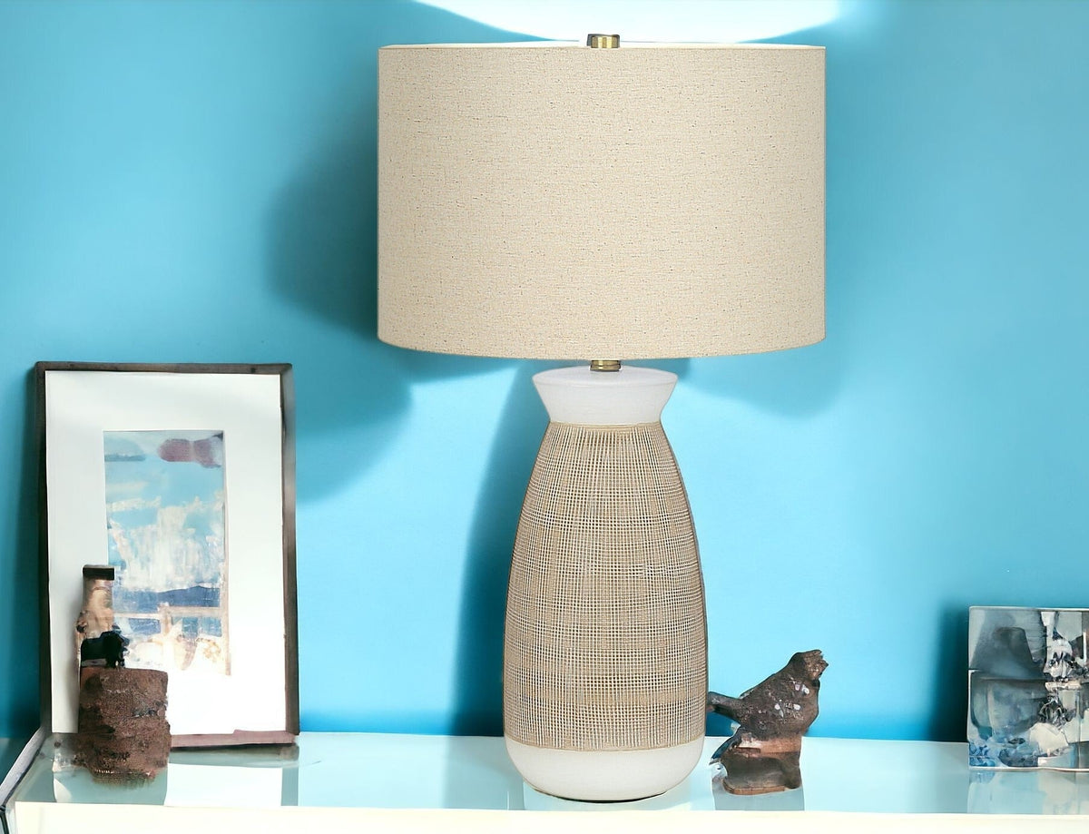 27" Brown and White Ceramic Round Table Lamp With Beige Drum Shade W2B