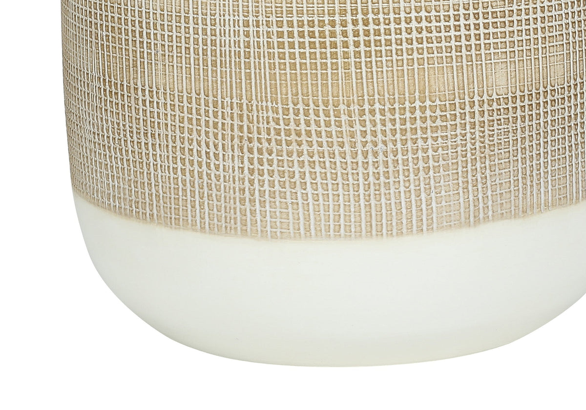 27" Brown and White Ceramic Round Table Lamp With Beige Drum Shade W2B