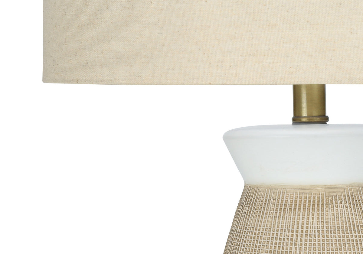 27" Brown and White Ceramic Round Table Lamp With Beige Drum Shade W2B