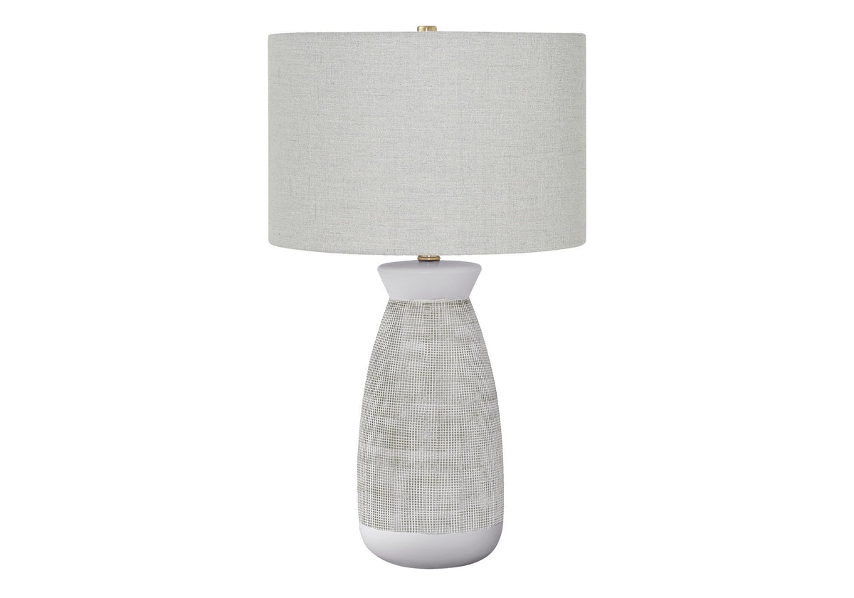 27" Gray and White Ceramic Round Table Lamp With Gray Drum Shade W2B