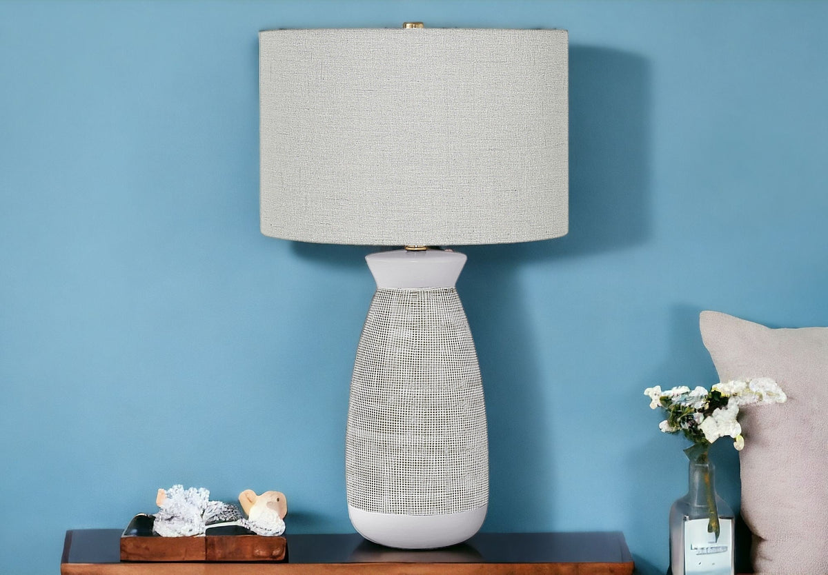 27" Gray and White Ceramic Round Table Lamp With Gray Drum Shade W2B
