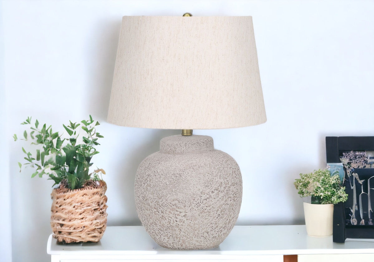 22" Cream Concrete Urn Table Lamp With Cream Abstract Empire Shade W2B
